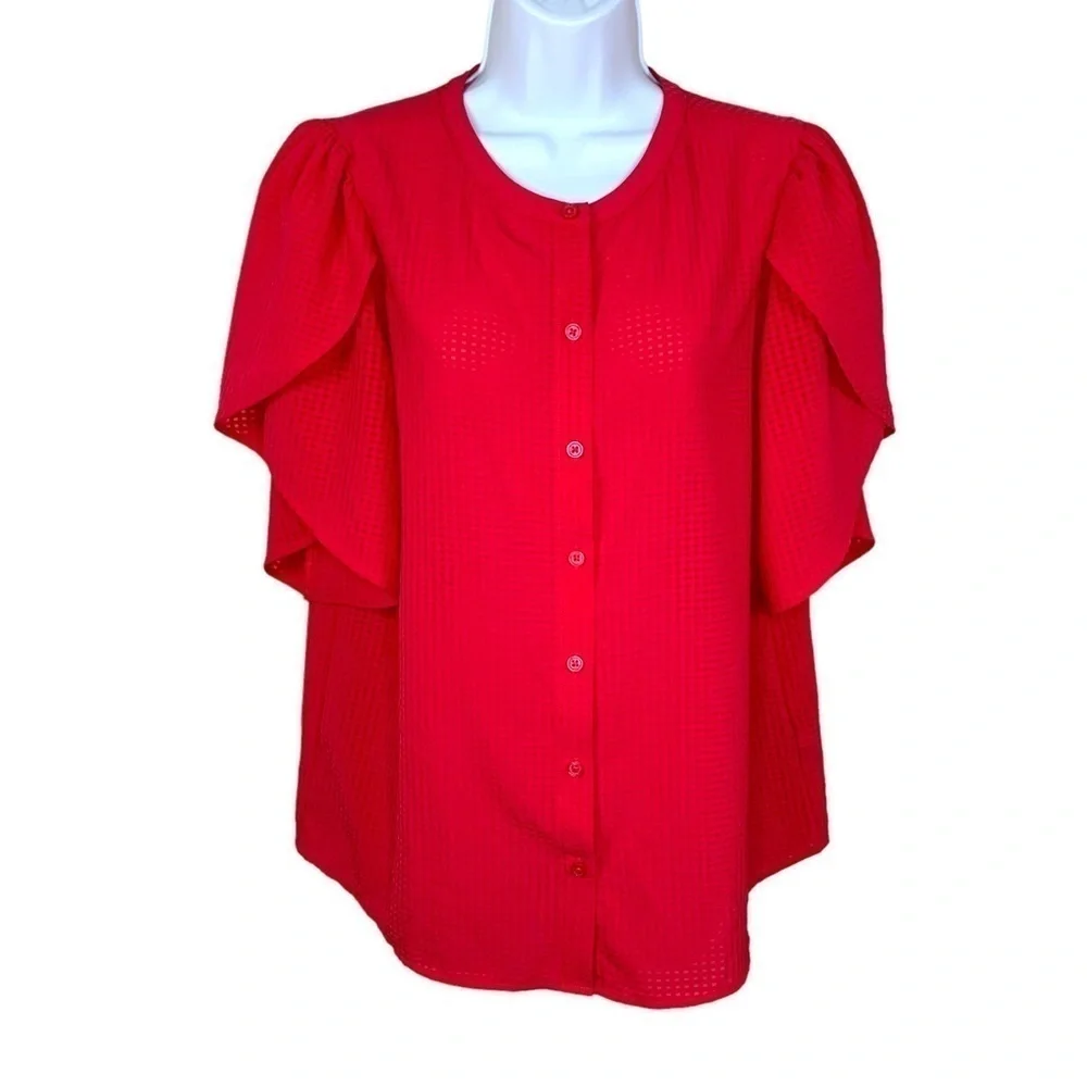 Who What Wear Melon Red Pink Blouse Button Down Ruffle Layered Sleeve Medium